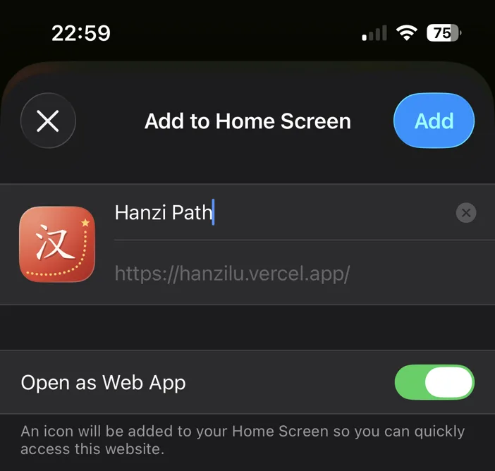 Add to Home Screen dialog with the Open as Web App switch and the Add button